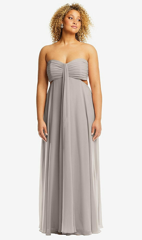 Front View - Taupe Strapless Empire Waist Cutout Maxi Dress with Covered Button Detail