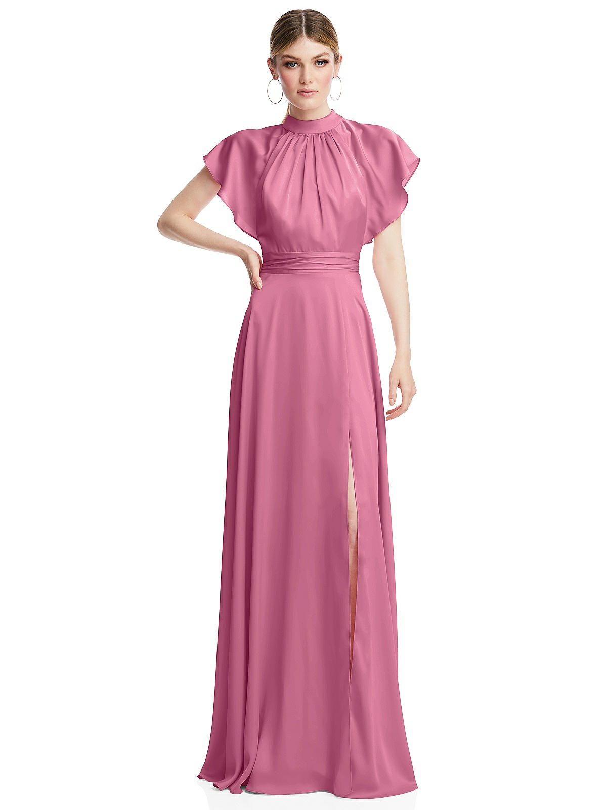 Shirred Stand Collar Flutter Sleeve Open-back Maxi Bridesmaid Dress ...