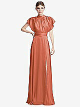 Front View Thumbnail - Terracotta Copper Shirred Stand Collar Flutter Sleeve Open-Back Maxi Dress with Sash