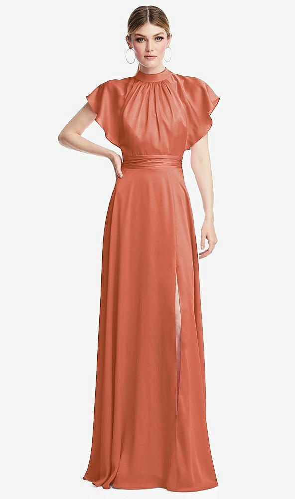 Front View - Terracotta Copper Shirred Stand Collar Flutter Sleeve Open-Back Maxi Dress with Sash
