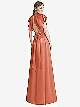 Rear View Thumbnail - Terracotta Copper Shirred Stand Collar Flutter Sleeve Open-Back Maxi Dress with Sash