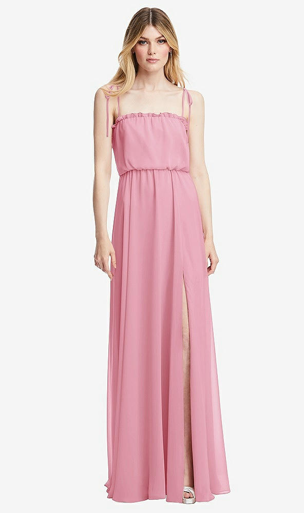 Front View - Peony Pink Skinny Tie-Shoulder Ruffle-Trimmed Blouson Maxi Dress