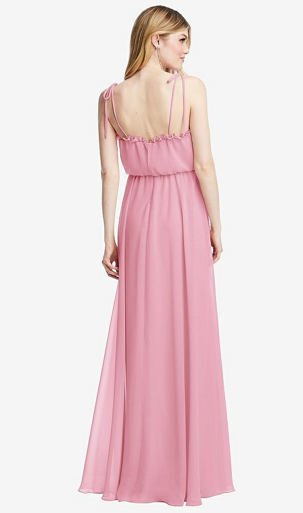 Back View - Peony Pink Skinny Tie-Shoulder Ruffle-Trimmed Blouson Maxi Dress
