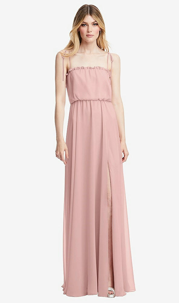 Front View - Rose - PANTONE Rose Quartz Skinny Tie-Shoulder Ruffle-Trimmed Blouson Maxi Dress