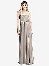Front View Thumbnail - Taupe Skinny Tie-Shoulder Ruffle-Trimmed Blouson Maxi Dress