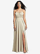 Front View Thumbnail - Champagne Dual Strap V-Neck Lace-Up Open-Back Maxi Dress