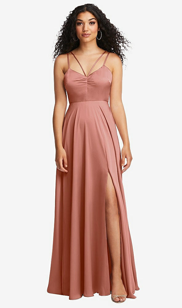 Front View - Desert Rose Dual Strap V-Neck Lace-Up Open-Back Maxi Dress