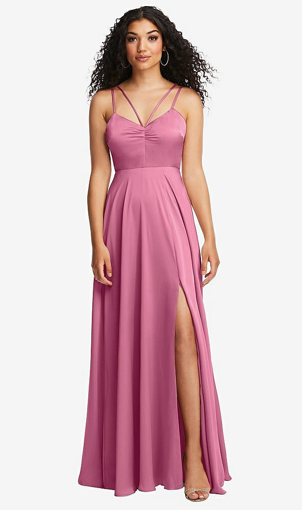 Front View - Orchid Pink Dual Strap V-Neck Lace-Up Open-Back Maxi Dress