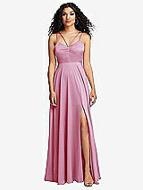Front View Thumbnail - Powder Pink Dual Strap V-Neck Lace-Up Open-Back Maxi Dress