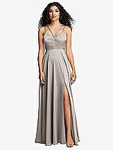 Front View Thumbnail - Taupe Dual Strap V-Neck Lace-Up Open-Back Maxi Dress