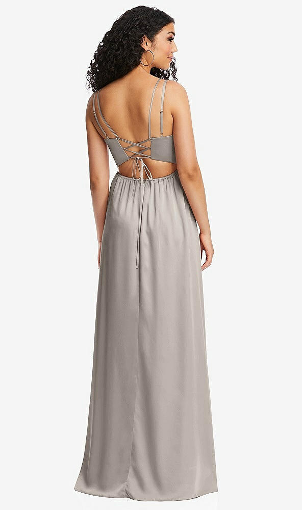 Back View - Taupe Dual Strap V-Neck Lace-Up Open-Back Maxi Dress