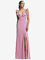 Front View Thumbnail - Powder Pink Ruffle-Trimmed Neckline Cutout Tie-Back Trumpet Gown
