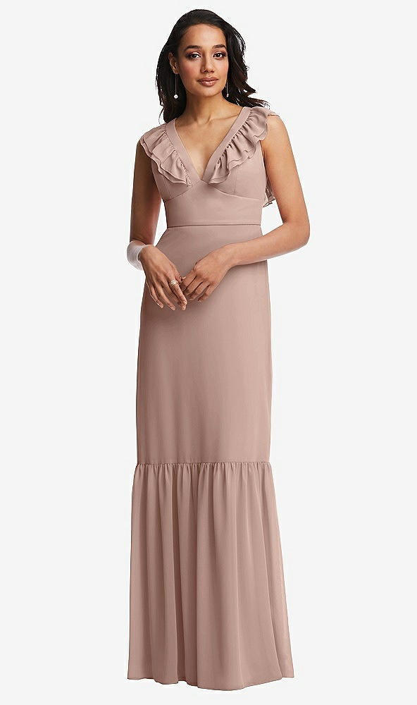 Front View - Bliss Tiered Ruffle Plunge Neck Open-Back Maxi Dress with Deep Ruffle Skirt