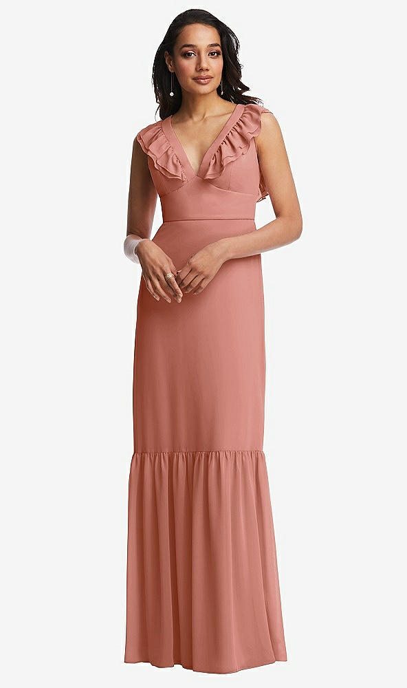 Front View - Desert Rose Tiered Ruffle Plunge Neck Open-Back Maxi Dress with Deep Ruffle Skirt