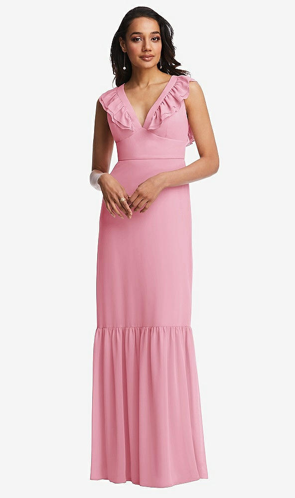 Front View - Peony Pink Tiered Ruffle Plunge Neck Open-Back Maxi Dress with Deep Ruffle Skirt
