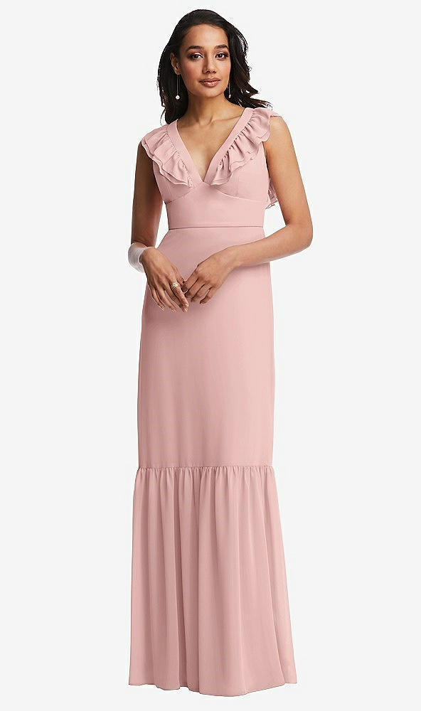 Front View - Rose - PANTONE Rose Quartz Tiered Ruffle Plunge Neck Open-Back Maxi Dress with Deep Ruffle Skirt