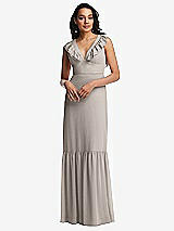 Front View Thumbnail - Taupe Tiered Ruffle Plunge Neck Open-Back Maxi Dress with Deep Ruffle Skirt