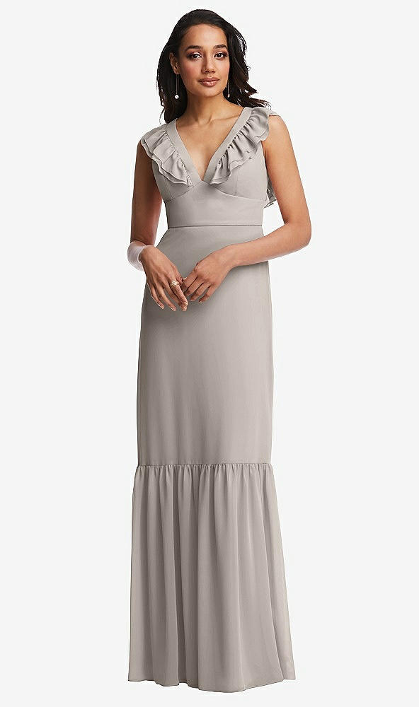 Front View - Taupe Tiered Ruffle Plunge Neck Open-Back Maxi Dress with Deep Ruffle Skirt