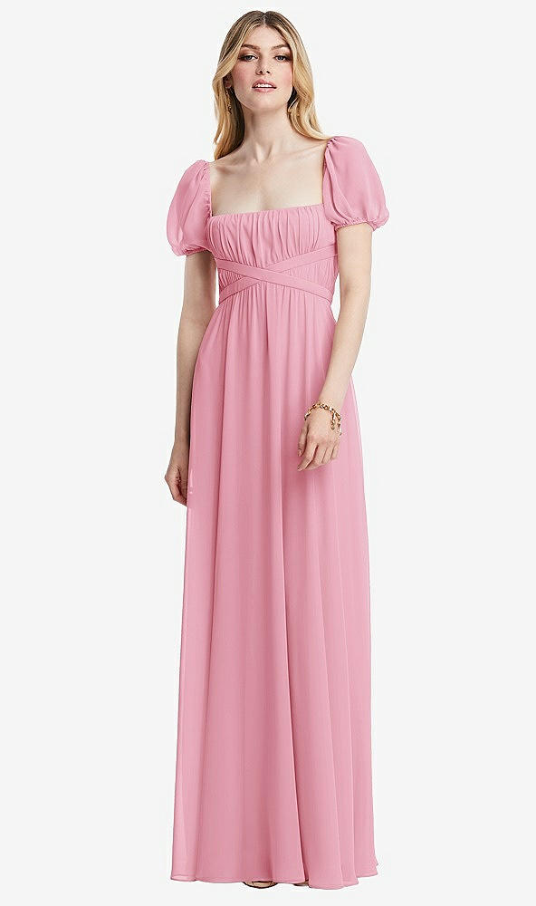 Front View - Peony Pink Regency Empire Waist Puff Sleeve Chiffon Maxi Dress