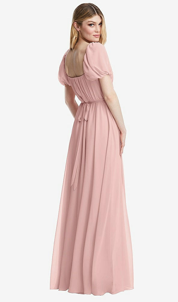 Back View - Rose - PANTONE Rose Quartz Regency Empire Waist Puff Sleeve Chiffon Maxi Dress