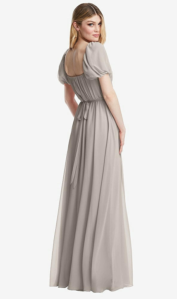 Back View - Taupe Regency Empire Waist Puff Sleeve Chiffon Maxi Dress