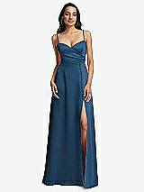 Front View Thumbnail - Dusk Blue Adjustable Strap Faux Wrap Maxi Dress with Covered Button Details