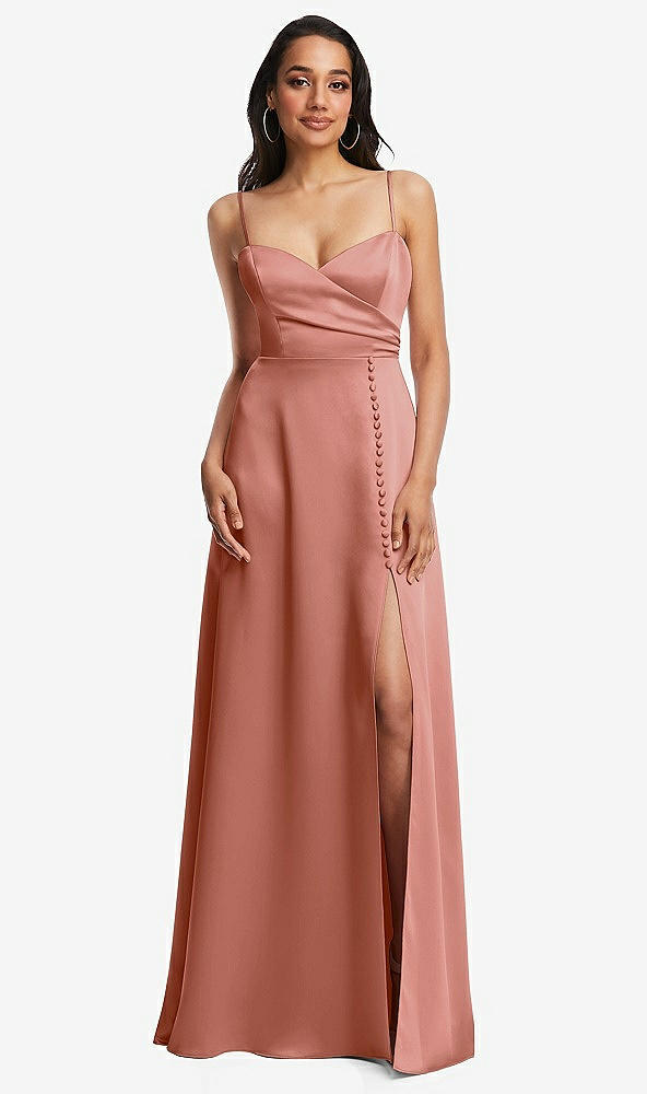 Front View - Desert Rose Adjustable Strap Faux Wrap Maxi Dress with Covered Button Details
