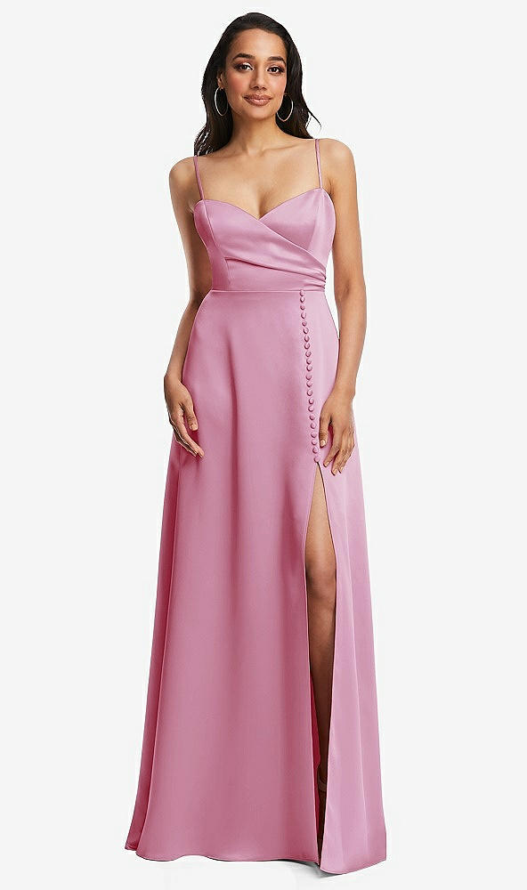 Front View - Powder Pink Adjustable Strap Faux Wrap Maxi Dress with Covered Button Details