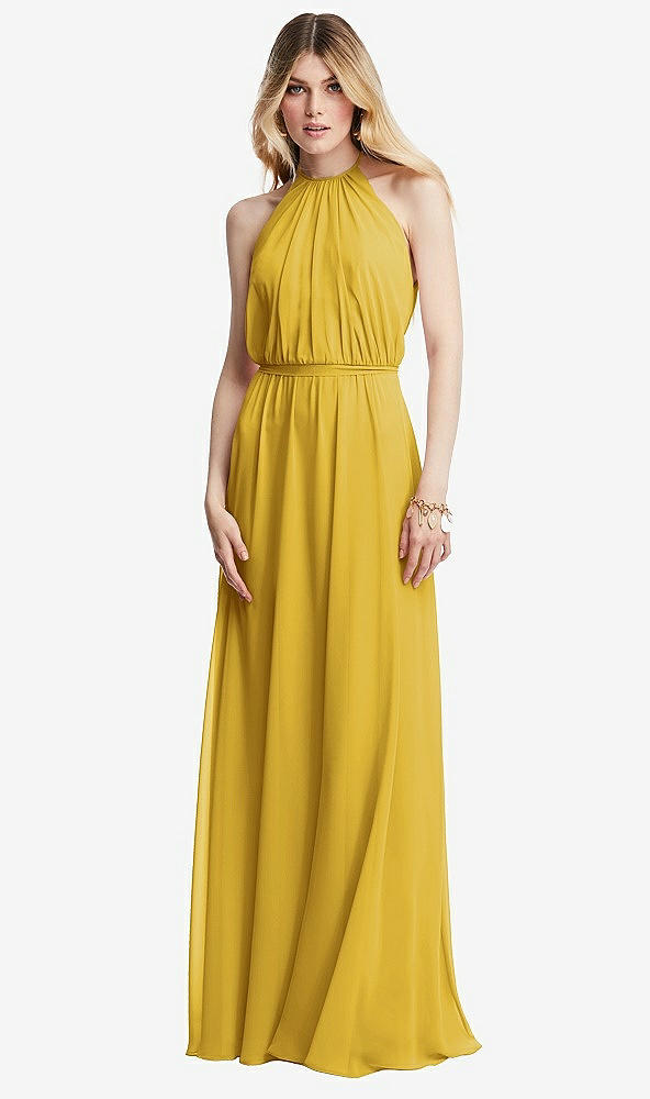 Front View - Marigold Illusion Back Halter Maxi Dress with Covered Button Detail