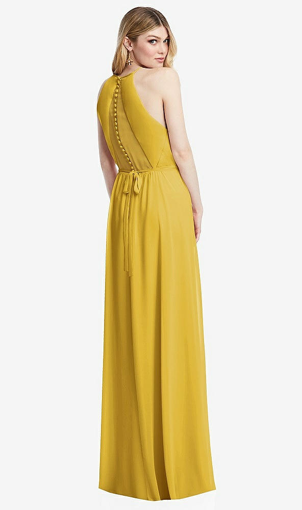 Back View - Marigold Illusion Back Halter Maxi Dress with Covered Button Detail