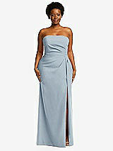 Front View Thumbnail - Mist Strapless Pleated Faux Wrap Trumpet Gown with Front Slit
