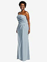 Side View Thumbnail - Mist Strapless Pleated Faux Wrap Trumpet Gown with Front Slit