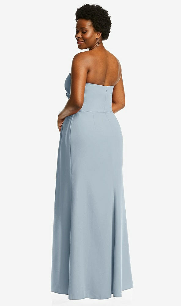 Back View - Mist Strapless Pleated Faux Wrap Trumpet Gown with Front Slit