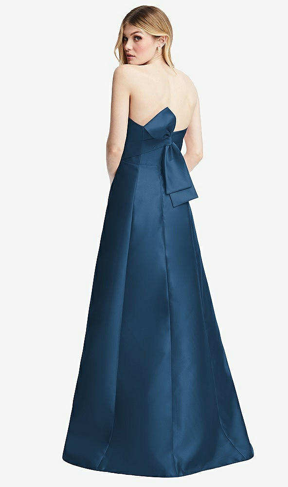 Front View - Dusk Blue Strapless A-line Satin Gown with Modern Bow Detail