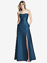 Rear View Thumbnail - Dusk Blue Strapless A-line Satin Gown with Modern Bow Detail