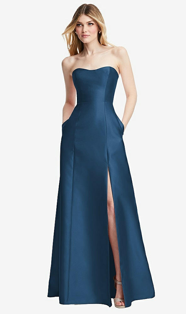 Back View - Dusk Blue Strapless A-line Satin Gown with Modern Bow Detail