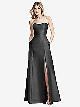 Rear View Thumbnail - Pewter Strapless A-line Satin Gown with Modern Bow Detail