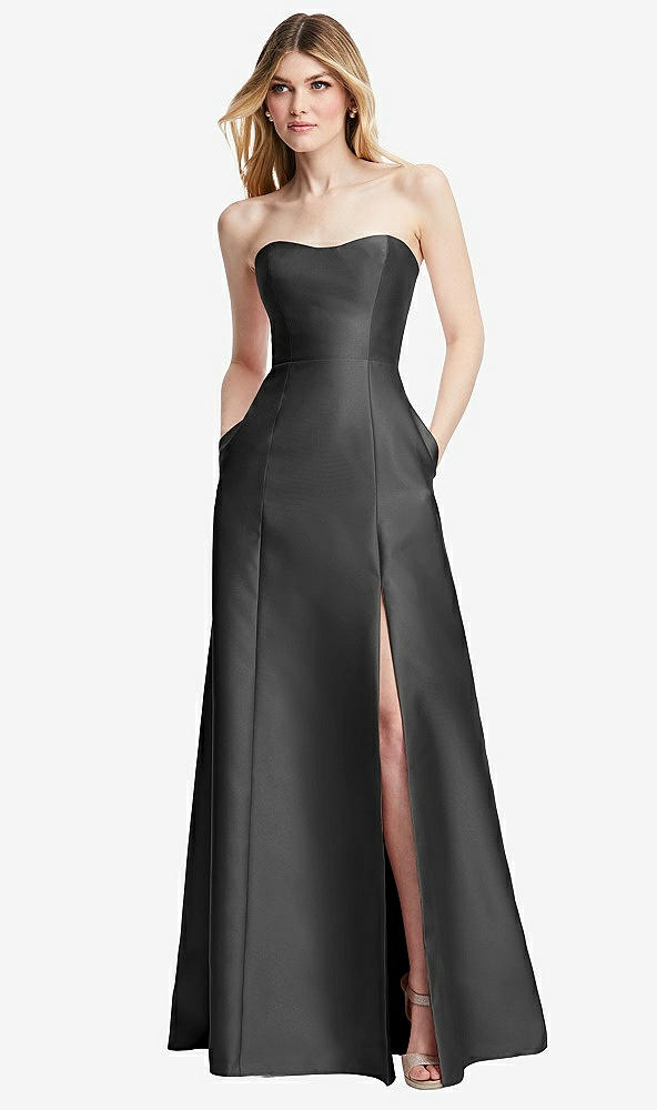 Back View - Pewter Strapless A-line Satin Gown with Modern Bow Detail