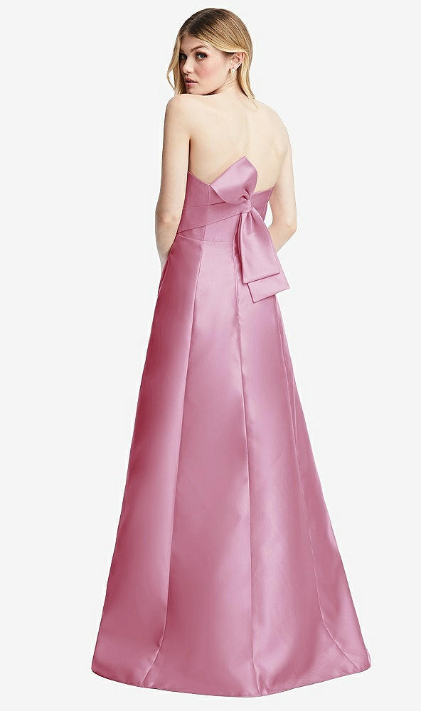 Front View - Powder Pink Strapless A-line Satin Gown with Modern Bow Detail