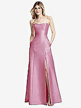 Rear View Thumbnail - Powder Pink Strapless A-line Satin Gown with Modern Bow Detail