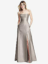 Rear View Thumbnail - Taupe Strapless A-line Satin Gown with Modern Bow Detail