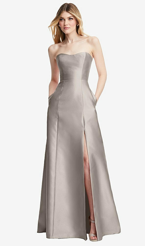 Back View - Taupe Strapless A-line Satin Gown with Modern Bow Detail
