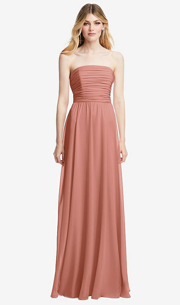 Front View - Desert Rose Shirred Bodice Strapless Chiffon Maxi Dress with Optional Straps