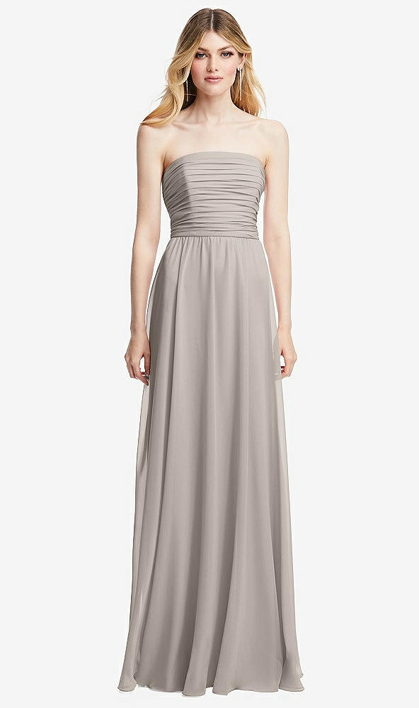 Front View - Taupe Shirred Bodice Strapless Chiffon Maxi Dress with Optional Straps