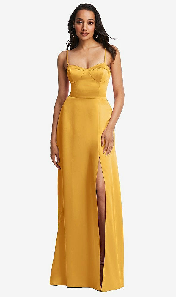 Front View - NYC Yellow Bustier A-Line Maxi Dress with Adjustable Spaghetti Straps