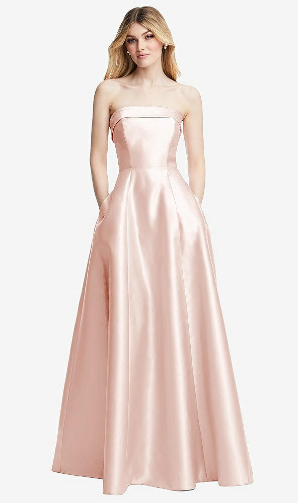 Front View - Blush Strapless Bias Cuff Bodice Satin Gown with Pockets