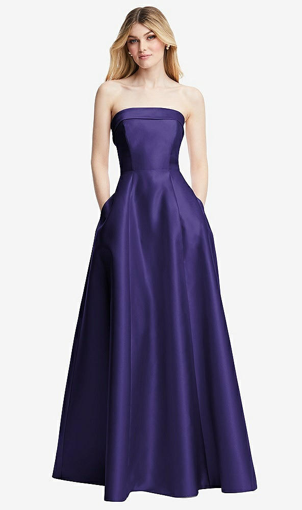 Front View - Grape Strapless Bias Cuff Bodice Satin Gown with Pockets