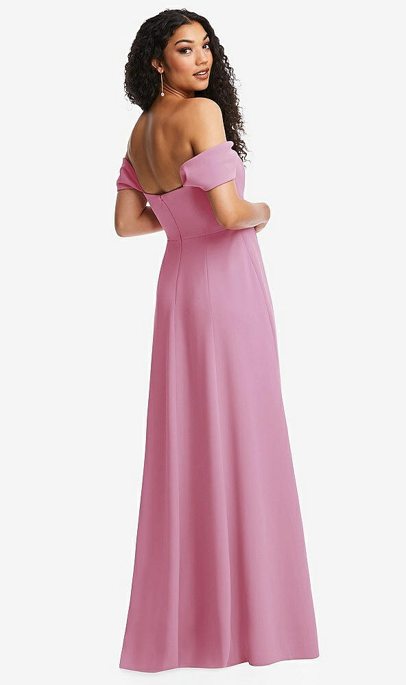 Back View - Powder Pink Off-the-Shoulder Pleated Cap Sleeve A-line Maxi Dress