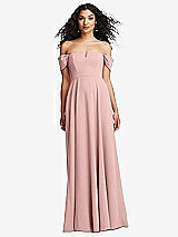 Front View Thumbnail - Rose - PANTONE Rose Quartz Off-the-Shoulder Pleated Cap Sleeve A-line Maxi Dress