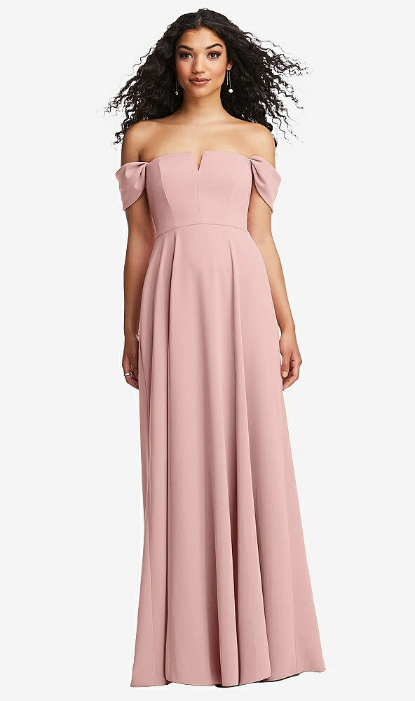 Front View - Rose - PANTONE Rose Quartz Off-the-Shoulder Pleated Cap Sleeve A-line Maxi Dress